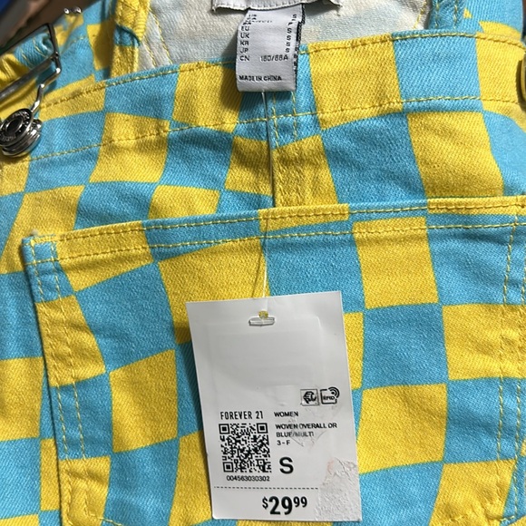 F21 Psychedelic Denim Overalls Romper Mini Dress Carolina Blue & Yellow | Small - Picture 11 of 11